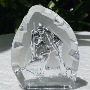 Vintage Nybro Sweden Bas Relief Art Glass Golfers Paperweight