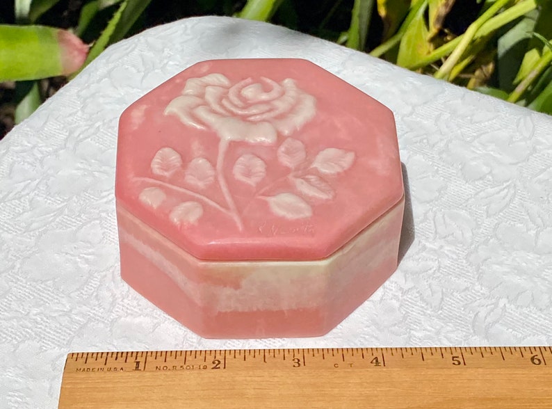 Vintage R Nemith Incolay Octagonal Pink Rose Trinket Box image 2