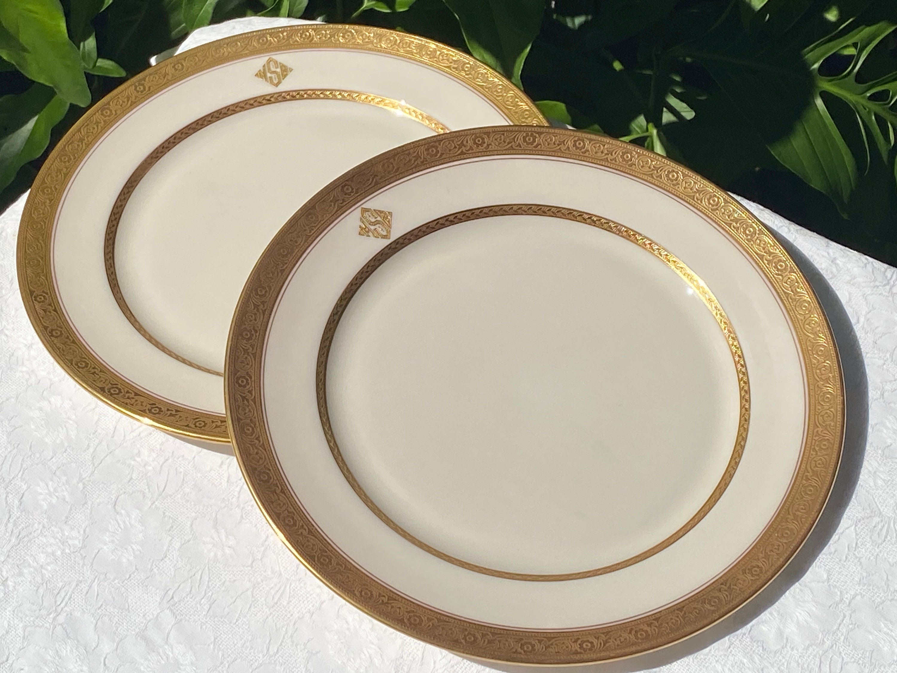 Vintage Lenox Green Mark Gold Encrusted Monogrammed Pair of
