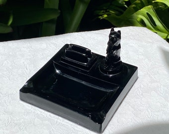 Vintage Scottish Terrier Black Glass Ashtray with Matchbook Holder