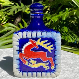 Vintage Reinhold Merkelbach Cobalt Salt Glazed Small Bottle Deer and Dog