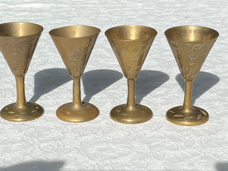 Y.C India Etched Brass Shot Glasses Set of Four