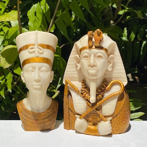 Vintage Pair of Egyptian Figural Small Busts - Queen Nefertiti and King Tutankhamun