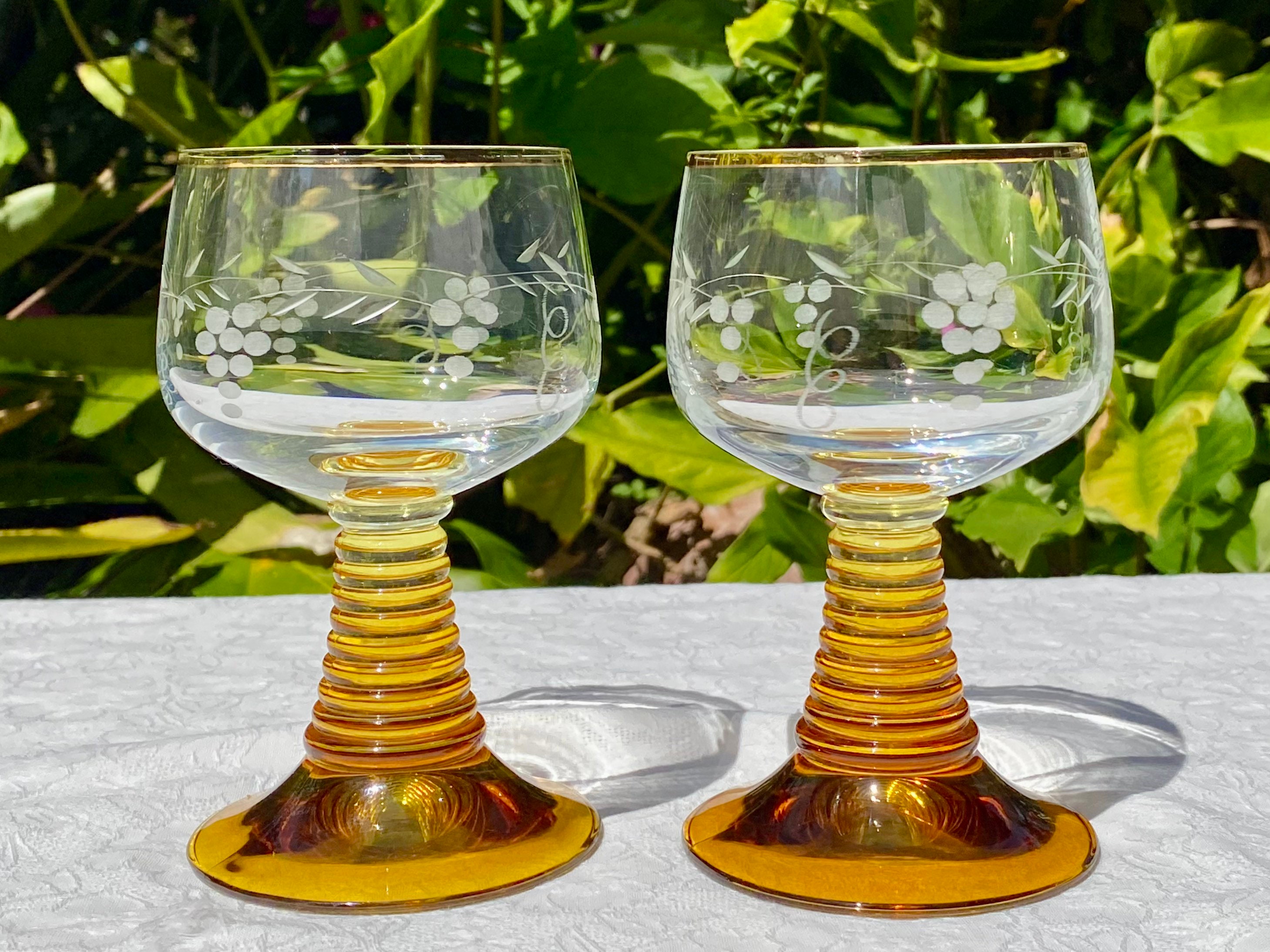 Set of 5 Antique French Bistro Wine Glasses. Cut Glass. Aperitif Glass.  Sherry Glass. Port Wine. Mouth Blown Antique Bistro Glasses. 