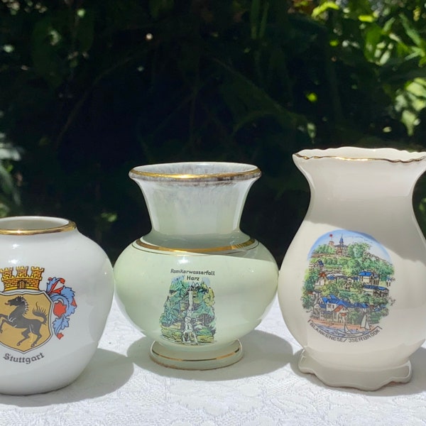 Vintage German Souvenir Trio of Miniature Bud Vases Hamburg Stuttgart and Harz
