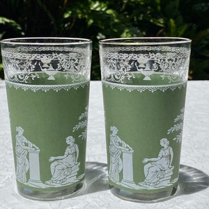Vintage Jeannette Glass Hellenic Green Pair Flat Tumblers 8 Ounce