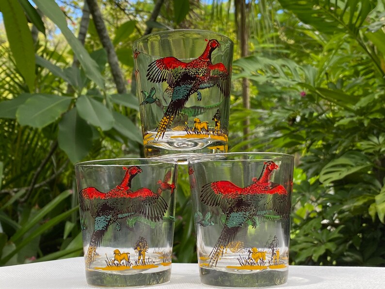 Hazel Atlas Pheasants Trio of Old Fashioned Lowball Glasses Etsy