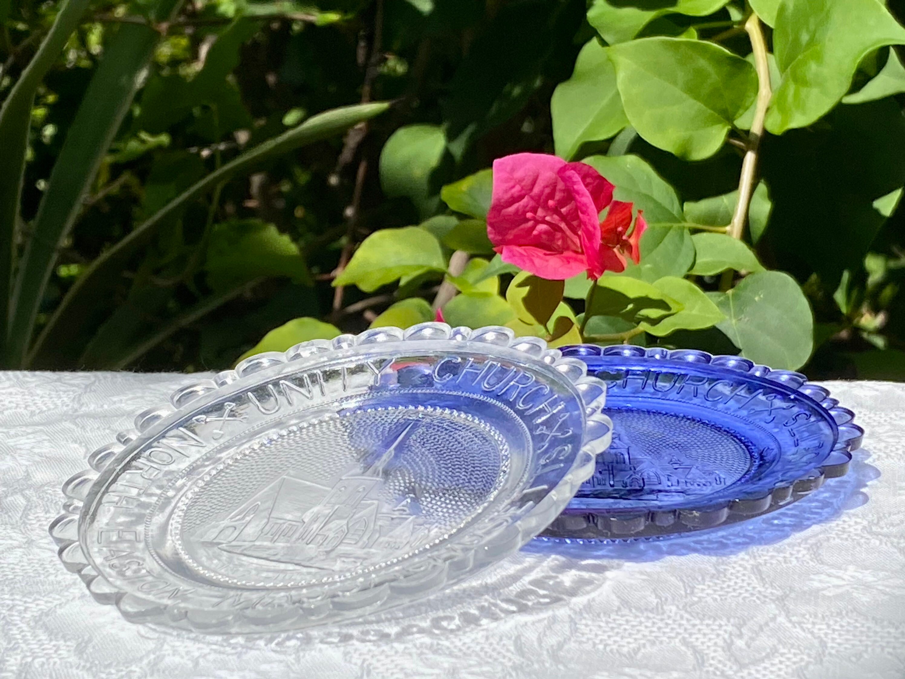 Vintage Pairpoint Glass Pair of Cup Plates Unity Church North