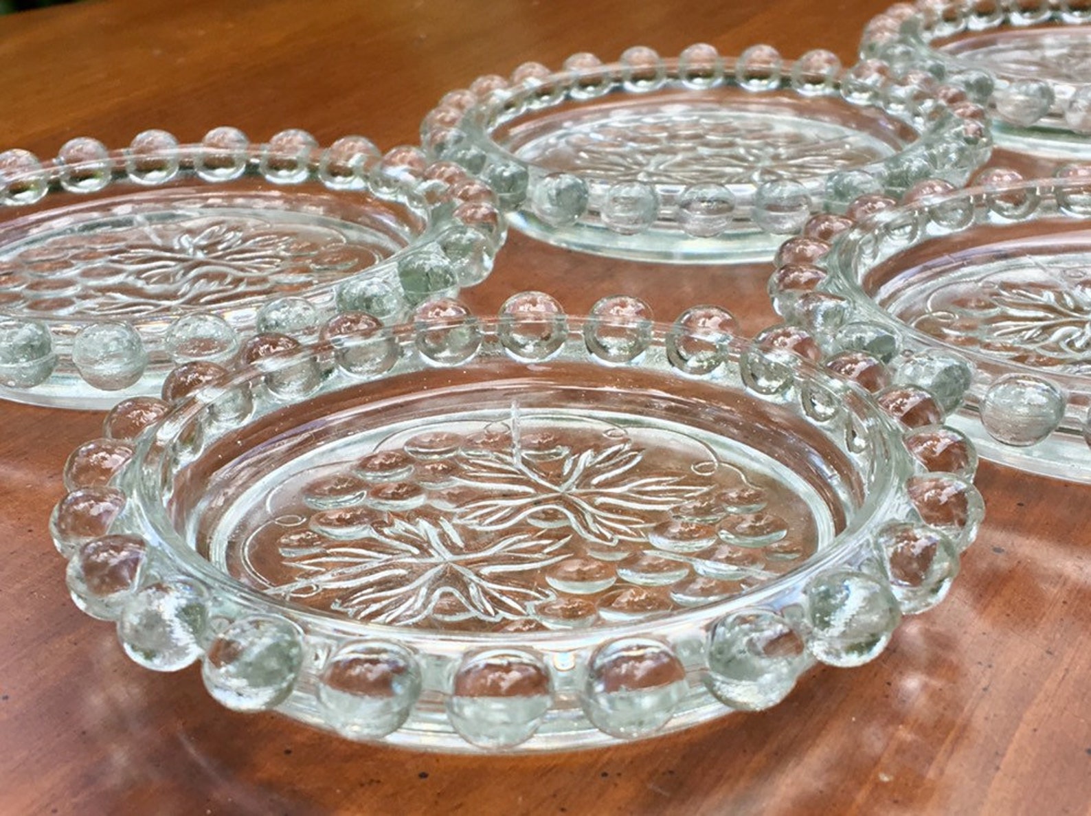 Candlewick Leaf Pattern Glass Coasters Set Of Six Etsy