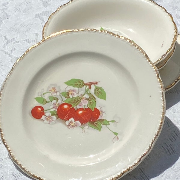 Harker Pottery Antique Ironstone Pair of Dessert Bowls and Plates - Cherries and Blossoms