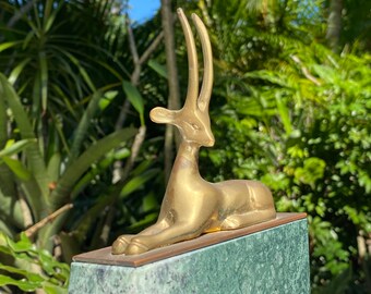 Vintage Brass Gazelle and Green Marble Single Bookend