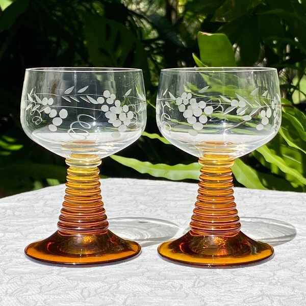 Vintage Honey Gold Pair of Etched German Roemer Cordial Glasses 4 Ounce