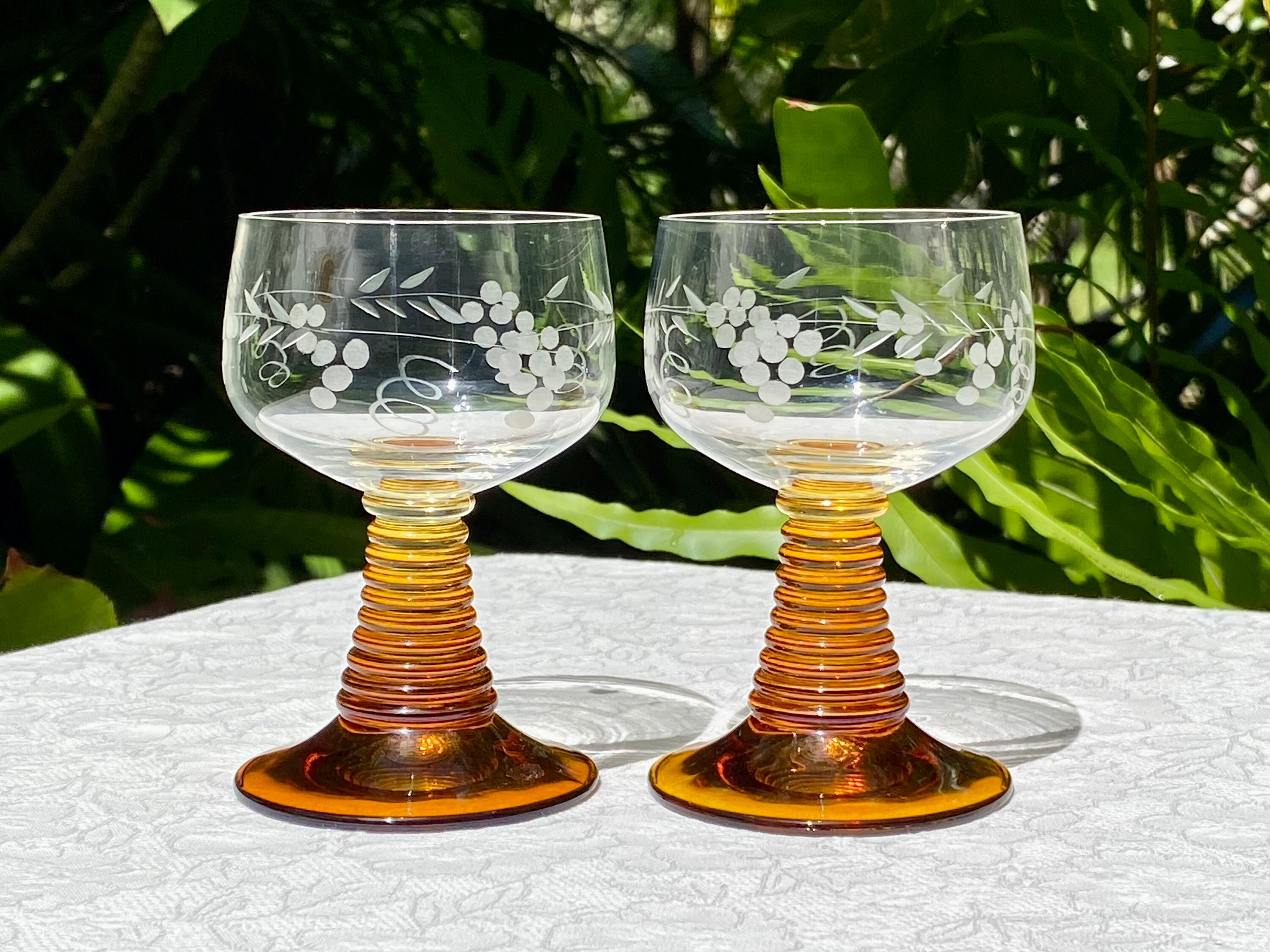 Vintage Boho Chic German Amber Crystal Wine Glasses With Beehive Stems -  Set of 4.