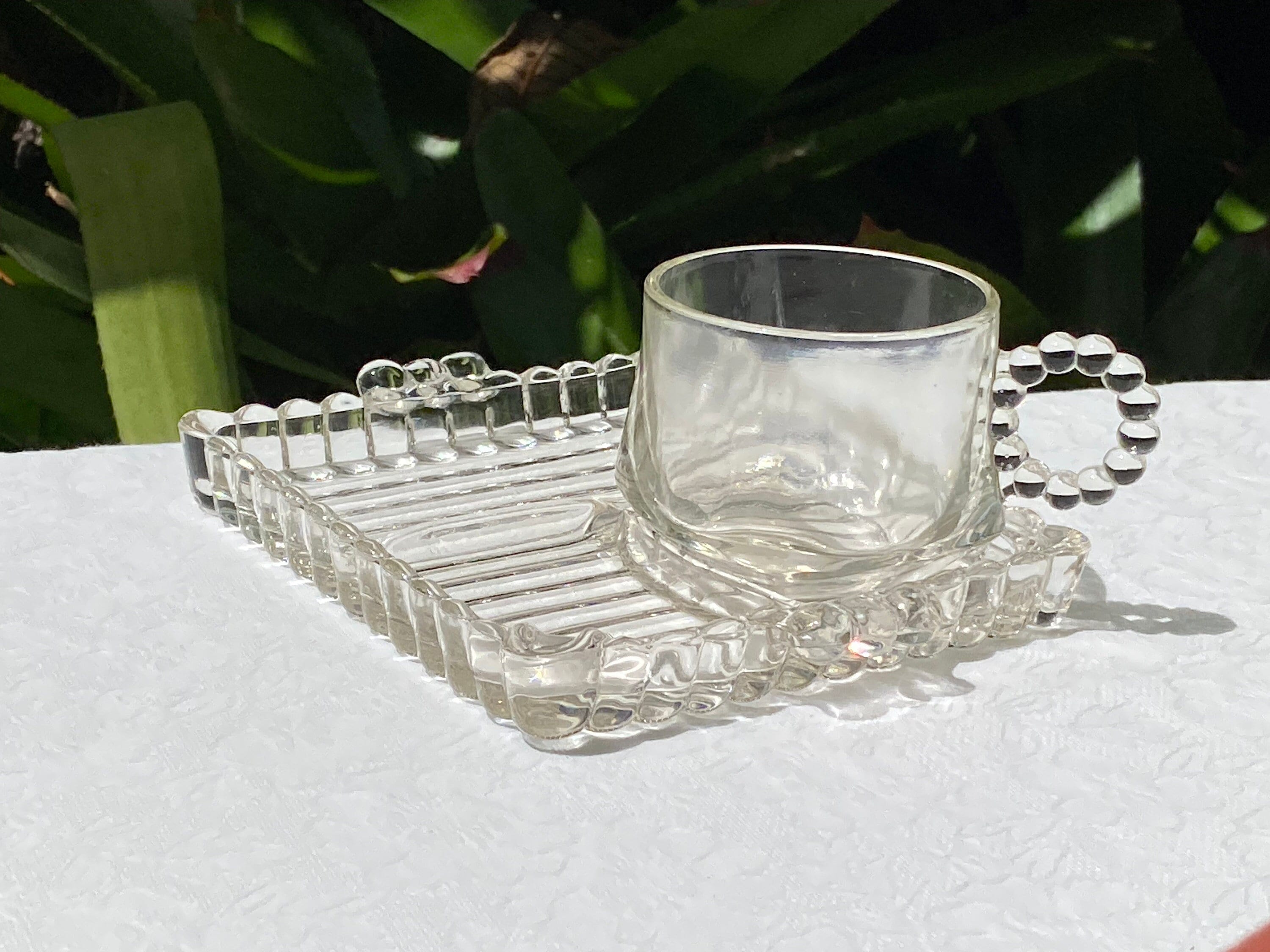 Vintage Hazel Atlas Glass Ball and Rib Sip Snack Smoke Set SMALL