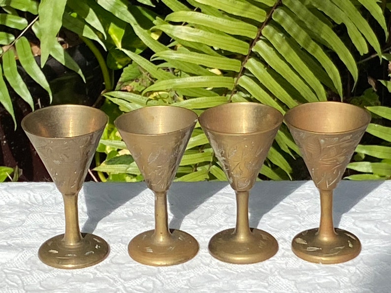 Y.C India Etched Brass Shot Glasses Set of Four
