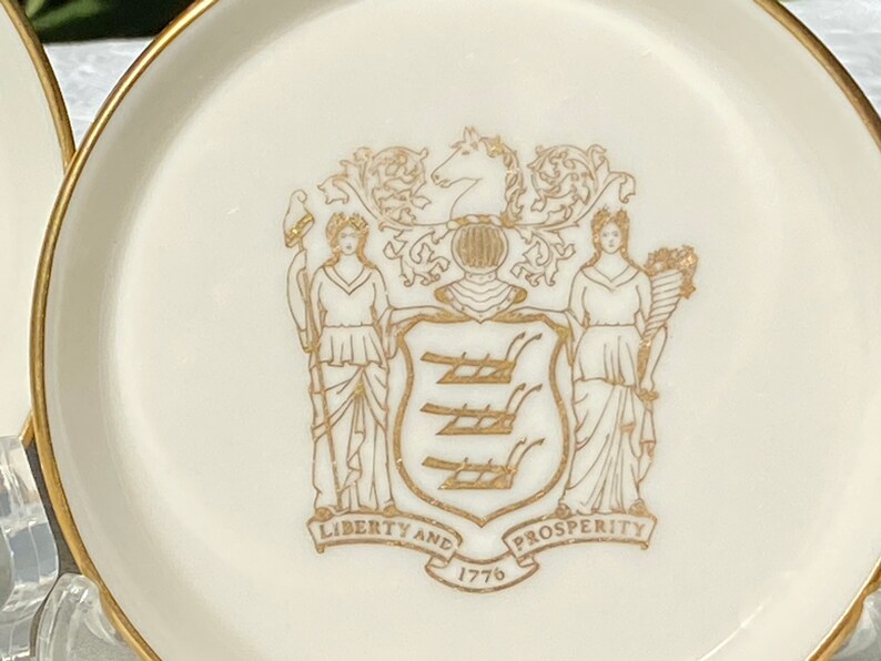 Vintage Lenox Gold Mark Pair of Coasters New Jersey Coat of Arms zdjęcie 4