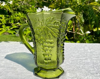 Vintage Paneled Grape Avocado Green Glass Small Pitcher