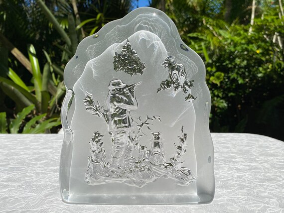 Nybro Sweden Large Bas Relief Hunter And Moose Large Glass Etsy Norway