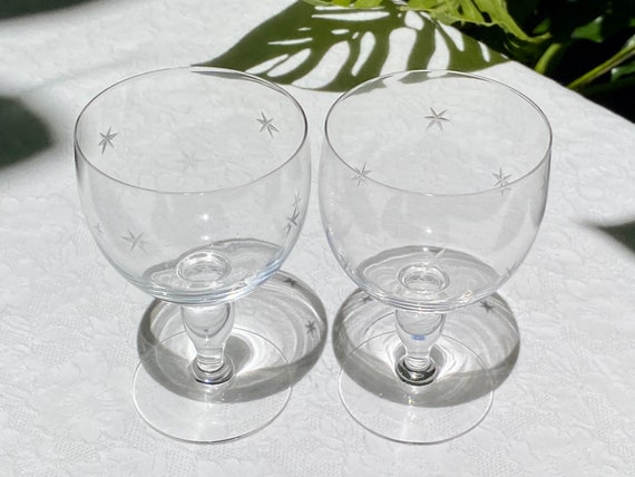 Vintage Atomic Starburst Etched Glass Pair of Small Wine 