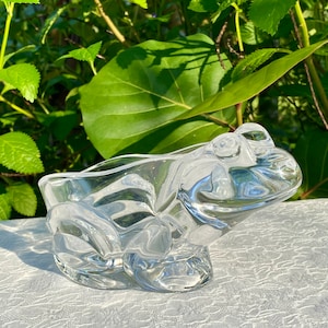 Puede incluir: Una figurita de rana de vidrio transparente con el vientre hueco, ideal para guardar objetos pequeños como joyas o baratijas.