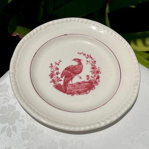 May include: A white ceramic plate with a red pheasant illustration. The plate has a scalloped edge and a red border. The pheasant is surrounded by a floral wreath. The plate is approximately 8 inches in diameter.