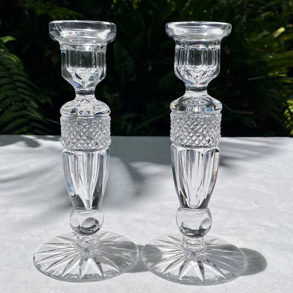 Rexxford Embassy Handcut Lead Crystal Pair of Vintage Candlesticks Signed by Artist