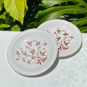 May include: Two white ceramic plates with a brown leafy design. The plates have a gold rim.