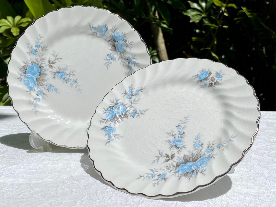 Vintage Johnson Brothers Blue Rose Snowhite Regency Pair of Bread