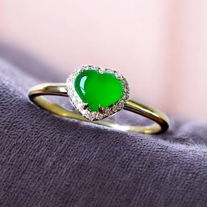 Amour Heart Imperial Burmese A-Jadeite Cocktail Ring (With Round White Diamonds and 18K Yellow Gold) - Certified