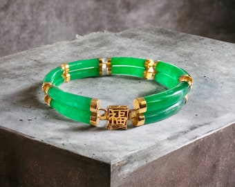 Double Fu Fuku Fortune Jade Bracelet with 14K Yellow Gold
