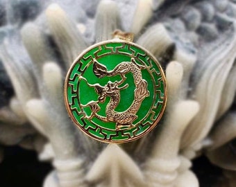 Kowloon Jade Dragon Pendant with 14K Gold