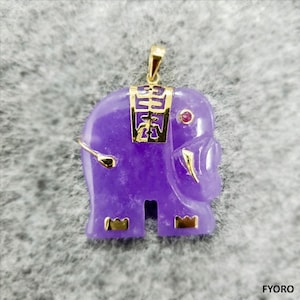 Shanghainese (Purple) Jade Elephant Pendant with 14K Yellow Gold and Red Ruby