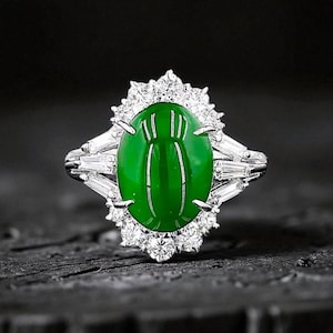 Ginza MADE IN JAPAN Burmese A Jade Statement Ring, with Natural White Diamonds, and Platinum 900 - HKJSl Certified
