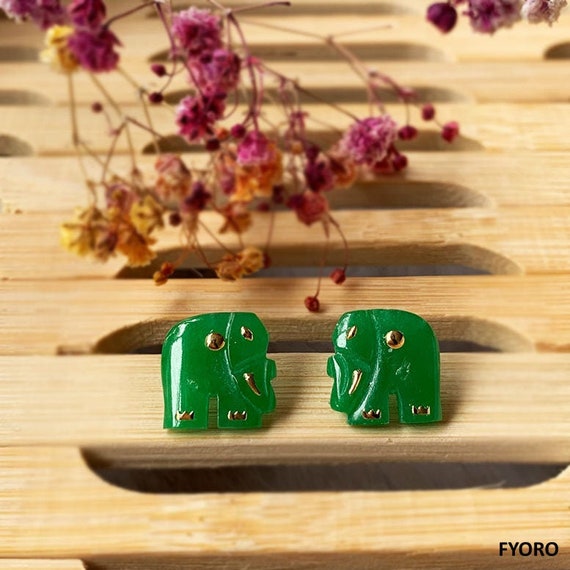 Shanghainese Jade Elephant Stud Earrings with 14K Yellow Gold Etsy Australia