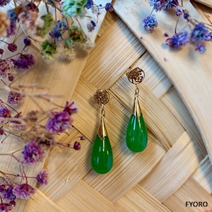Fu Fuku Jade Long Drop Earrings with 14K Yellow Gold
