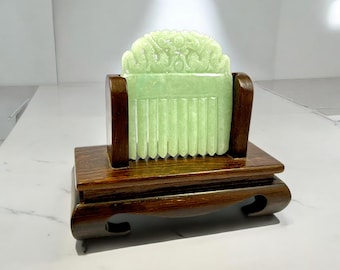 Ozoku Carved Dragon Burmese A-Jadeite Comb Ornament Showpiece with Stand