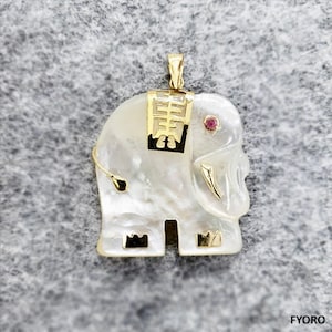Shanghainese White Pearl Elephant Pendant with 14K Yellow Gold and Ruby