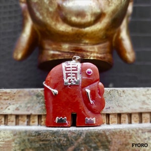Shanghainese Hong Jade Elephant Pendant with 14K Yellow Gold and Red Ruby