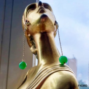 Dangling Sphere Jade Earrings with 14K Yellow Gold