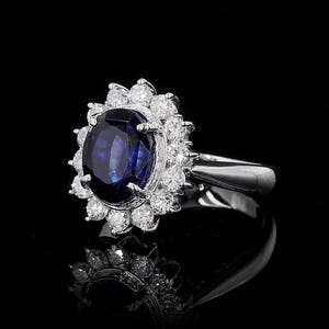 Anello Desire Halo con zaffiro blu di Ceylon (3,98 carati) (prodotto in Giappone) in platino 900 e diamanti bianchi naturali VVS-VS (misura USA 4) - Certificato