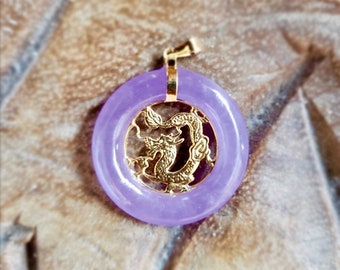 Lantau (Purple) Jade Dragon Pendant with 14K Yellow Gold