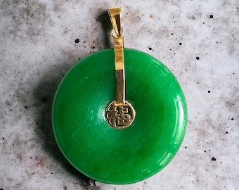 Fu Fuku Fortune Jade Donut Disc Pendant with 14K Yellow Gold