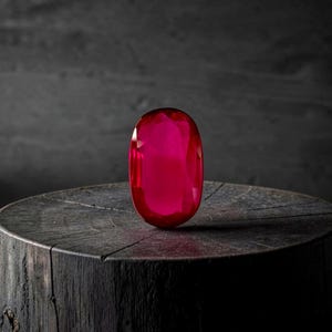 Puede incluir: Una gema de corte ovalado con un color rojo intenso y saturado, con una superficie facetada que refleja la luz. La piedra está colocada en posición vertical, mostrando su claridad translúcida pulida y su forma simétrica sobre un fondo oscuro.