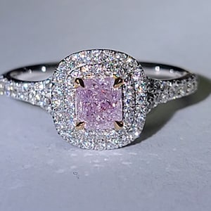 Fuyunobara Double Halo Ring- Natural Fancy Purple-Pink Center Diamond, White Diamond Halo with 18K White Gold - GIA Certified
