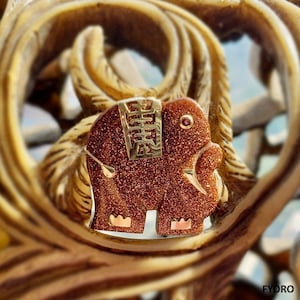 Shanghainese Gam Sandstone Elephant Pendant with 14K Yellow Gold and Red Ruby