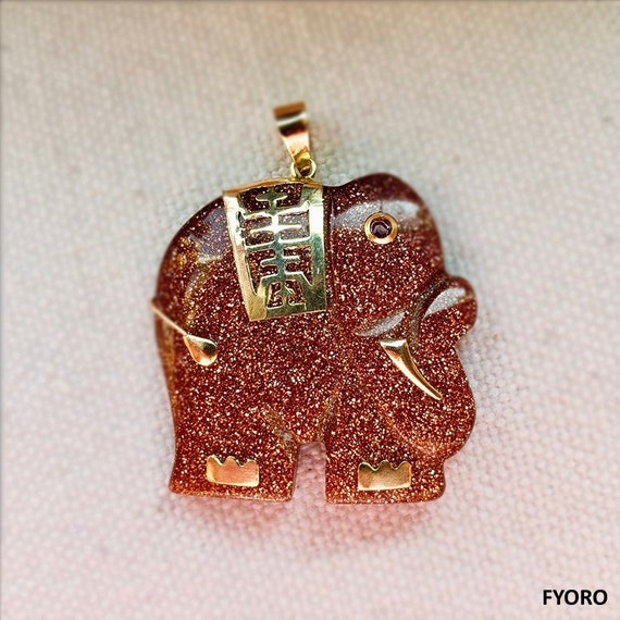 Shanghainese Laam Sandstone Elephant Pendant with 14K Gold and Ruby