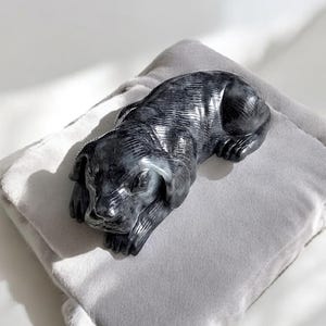 Protective Dog Black Burmese A-Jadeite Ornament Showpiece with a Wooden Stand