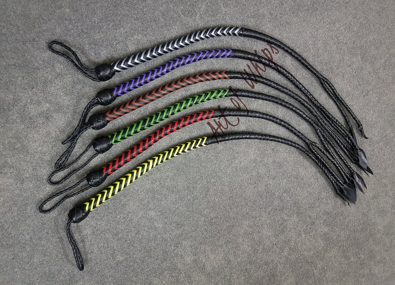 K&ouml;nnte beinhalten: Ein Set aus sechs Lederpeitschen mit verschiedenen farbigen geflochtenen Akzenten. Die Peitschen sind schwarz mit wei&szlig;en, violetten, orangefarbenen, gr&uuml;nen, roten und gelben Akzenten.