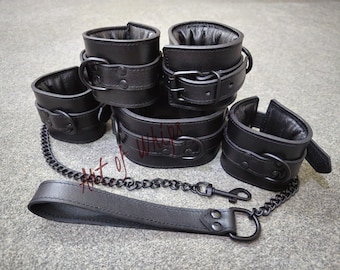 6 Pieces Top Grain Leather Restraints Set soft Wrist & Ankle Cuffs Collar Lead BDSM Gear Bondage Gift extra padded Couple Role Play Games