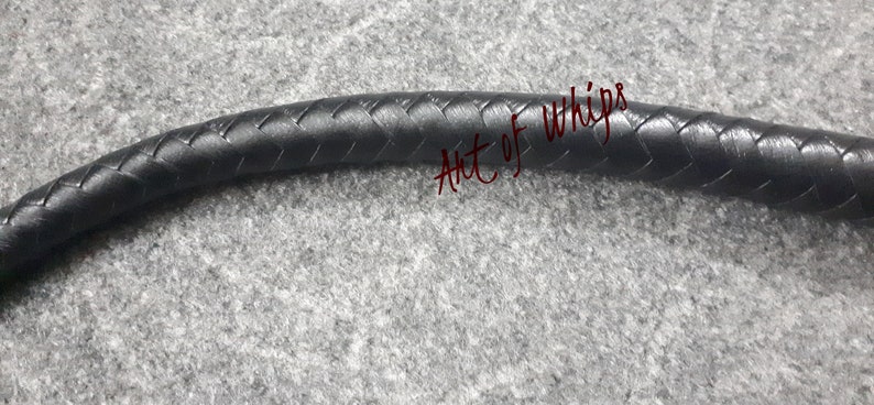 Op de afbeelding: Close-up van een zwarte leren zweep met een gevlochten ontwerp. De zweep is gelabeld "Art of Whips".